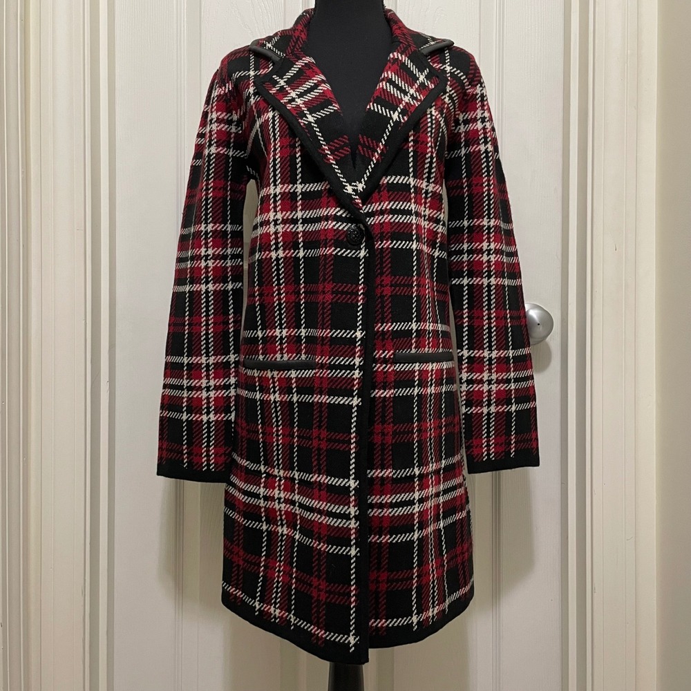 Anne Klein Plaid Knit‎ Cardigan Sweater Coat Black Red Faux Leather Trim Small